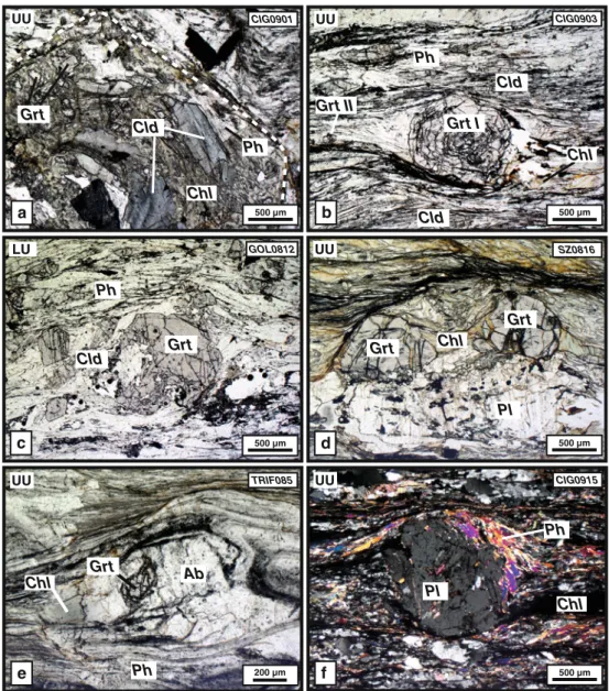 Fig. 8 Photomicrographs of the metamorphic assemblages observed in the metasediments of the upper and lower units of the  Piemont-Ligurian domain