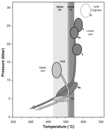 Fig. 9 Synthetic P–T grid for the Piemont-Ligurian units with proposed P–T evolution for the different tectono-metamorphic units.