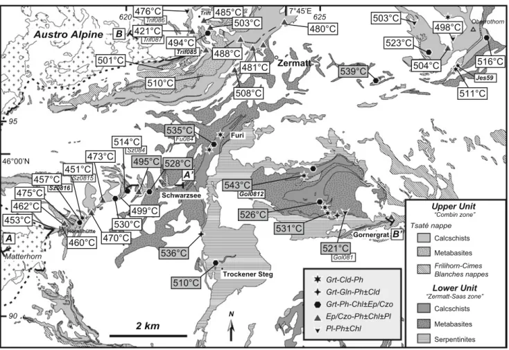 Fig. 3 Tectonic map of the Zermatt area (modified after Bearth 1953 and Bucher et al. 2003) with RSCM temperatures and mineral assemblages in the upper and lower units of the Piemont-Ligurian domain