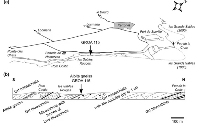 Fig. 3 Sketch map (a) and cross-section (b) of the eastern coast of the Ile de Groix and representing the structural relationships between the main lithologies and the locality of albite gneiss GROA 115 (Plage des Sables Rouges)