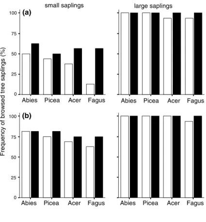 Fig. 3 Estimated probabilities (using logistic regression with a logit link) of each individual sapling being browsed as a factor of surrounding vegetation height (HB), controlling for effects of size class ( s : small saplings and h : large saplings) and 