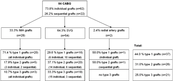 Figure 1 demonstrates the distribution of the different CABGs. According to a previous study [11], grafts were classified according to the site of the distal graft  anasto-mosis into three types: type 1 grafts are connected to the left anterior descending 