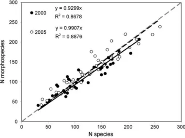 Fig. 5 Regression (without intercept) between morphospecies numbers and identified species for a majority of the taxonomic groups (see Table 4) counted for RBA in the years 2000 (solid dot, black line) and 2005 (circle, stippled line)