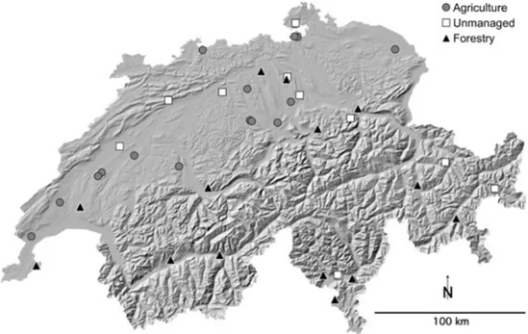 Fig. 2 Distribution of the 42 trap stations in Switzerland: 15 in agricultural habitats, 15 in managed forests, 12 in unmanaged habitats