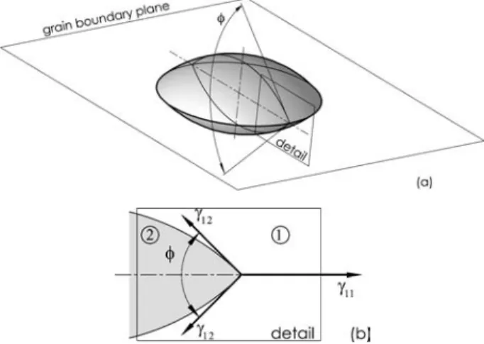 Figure 1 Schematic view of an equilibrated lenticular inclusion situ- situ-ated on a planar grain boundary: (a) 3D view, and (b) detail: the cut is perpendicular to both the grain boundary and the triple line.