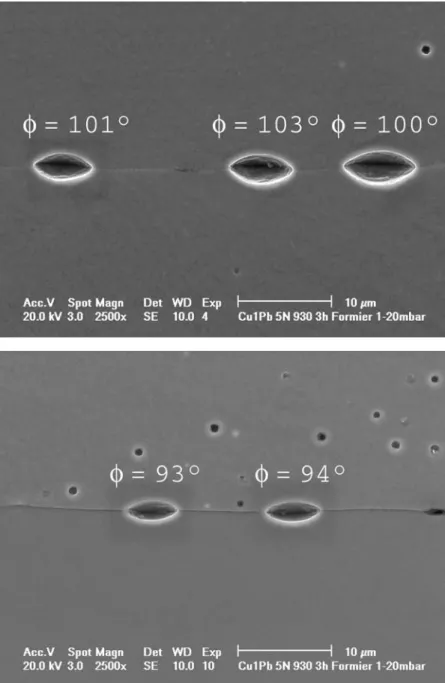 Figure 5 SEM micrographs displaying two sets of neighbouring dissolved inclusions situated on a planar grain boundary
