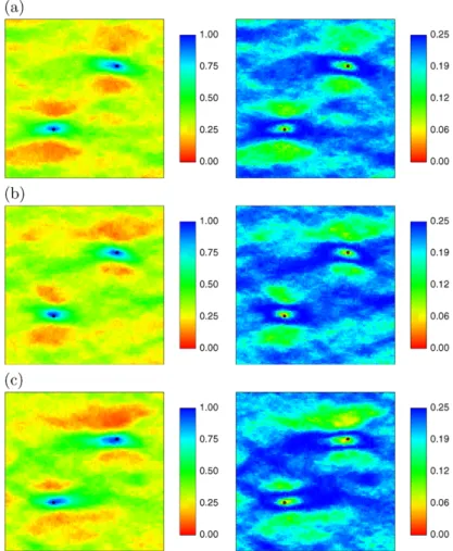 Fig. 6 Comparative example for 2-point connectivity; multiple-point simulations with impala; E-type (left) and variance maps (right) of 100 simulations: (a) accounting only for conditioning data, (b) obtained by the rejection method, (c) obtained by the pr