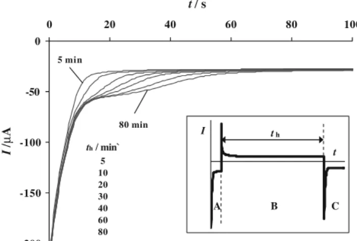 Figure 1 shows the current transients during cathodic dis- dis-charge subsequent to anodic polarization at E h =+100 mV for varying holding time, t h 