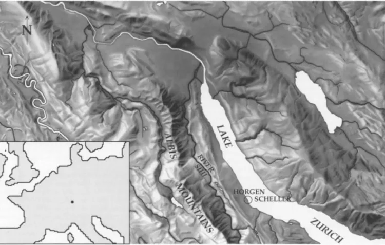 Fig.  1. Maps  of (i) the lower part of the Lake Ziirich  region showing  the Horgen Scheller site indicated by an open circle, the river  Sihl,  and  the  Albis  mountains  at  a  scale  of  1:250,000,  based  on  an  original  from  Lehrmittelverlag des 