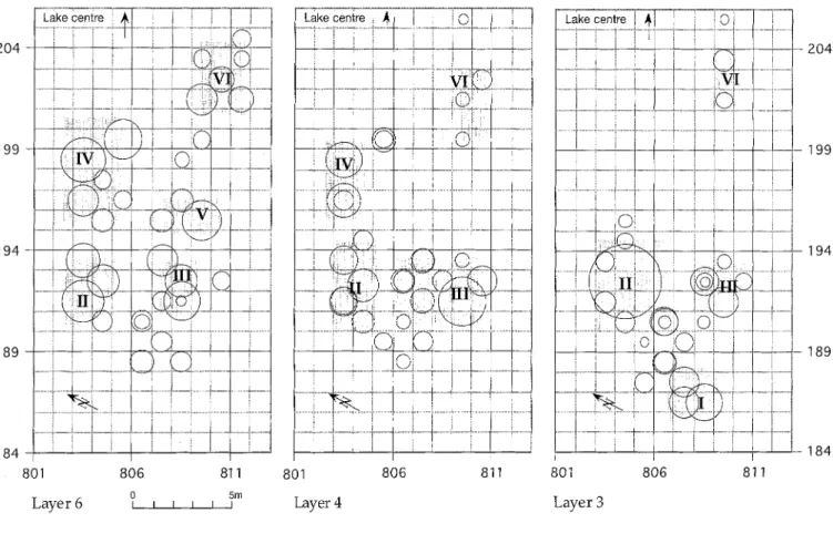 Fig.  8.  Spatial  distribution  of the  twig  finds  within  each  of the  individual  cultural  layers  6,  4,  and  3