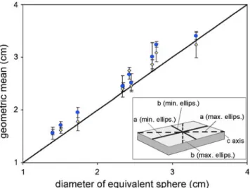 Fig. 3 Mean and standard deviation of two sets of clast measurement data based on the assumption of minimum (yellow diamonds) and maximum ellipsoid (blue circles), respectively