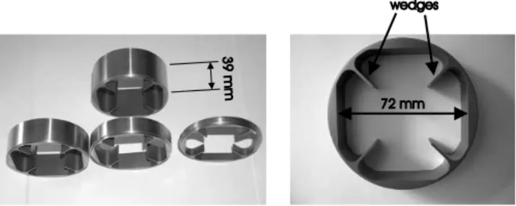 Fig. 1. Picture of axial electrodes of different lengths (left) and axial view showing the four-wedges shape (right).