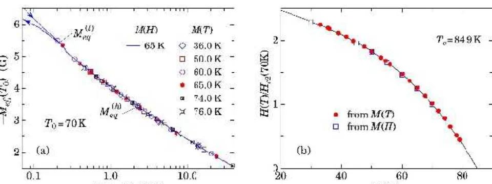 Fig. 10. (a) Comparison of M ef f (H/h c2 ) for a Bi-2212 sample investigated in Ref. 55 as calculated from M (T) data (symbols) and as calculated from M (H) data (solid line)