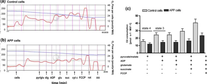 Fig. 4 Reduced respiratory control ratio (state3/state4) (RCR) and impaired ATP synthesis in APP cells