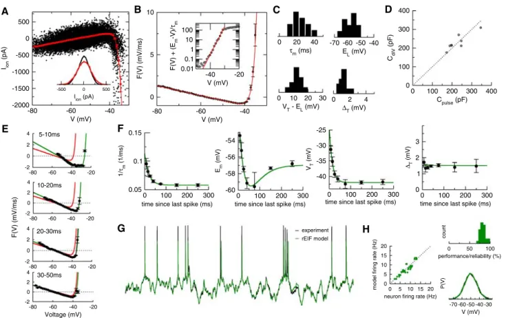 Fig. 2 Application of the dynamic I –V method to layer-5 pyramidal cells. a The intrinsic membrane current is plotted against the  mem-brane voltage (black symbols)