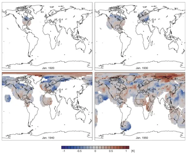 Fig. 5 Bias of the reconstructed 700 hPa temperature in January 1920, January 1930, January 1940, and January 1950, respectively