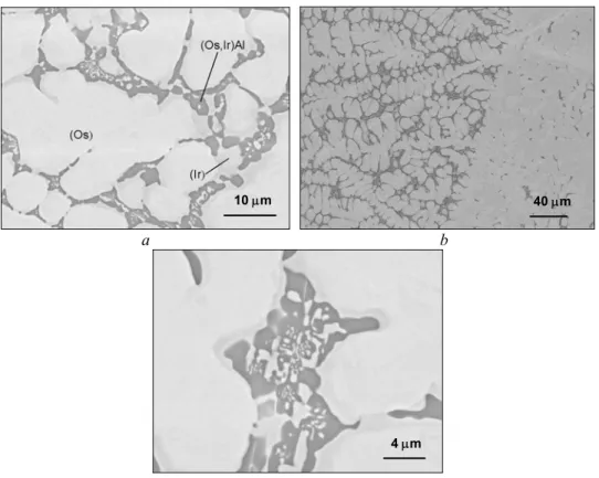 Fig. 4. SEM micrographs (backscattered electron images) of as-cast Al 26 Ir 44 Os 30  alloy, (Os) + (Ir) +          (Os, Ir)Al 