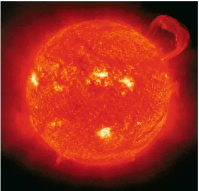 Figure 12. EIT 30.4 nm image of a huge prominence, i.e., relatively cool dense plasma sus- sus-pended in the hot, thin corona, taken on September 14,1999