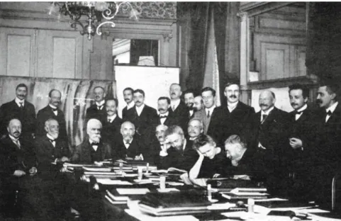 Fig. 2. The portrait of participants to the ﬁrst Solvay Conference in 1911. Left to right seated: Walter Nernst; Marcel-Louis Brillouin; E