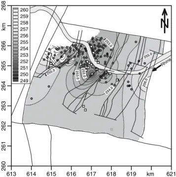 Fig. 9 Simulated piezometric head in Upper Muschelkalk aquifers is calculated with calibrated groundwater model, and corresponds to August 8th, 2003