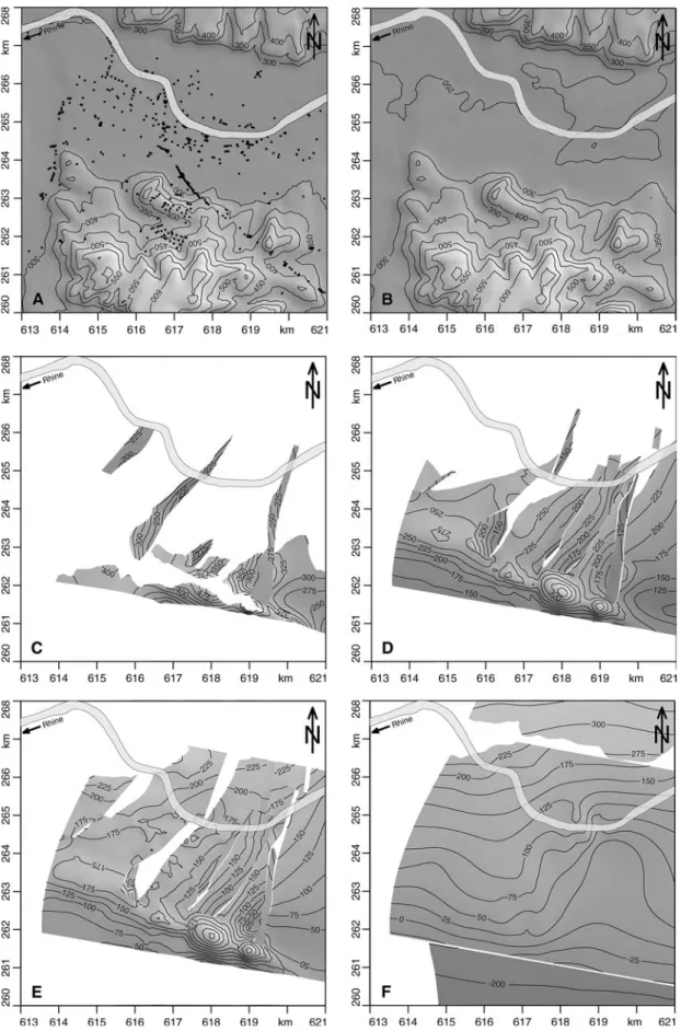 Fig. 7 Modeled horizons, a topography, b pre-Quaternary surface, c Top Keuper, d Top Upper Muschelkalk, E Top Sulfatzone, F Top lower Muschelkalk)