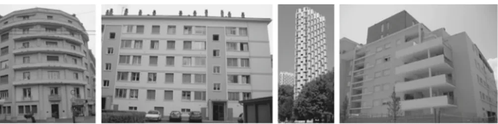 Fig. 2 Examples of considered RC shear walls buildings in Grenoble constructed from left to right in the 1930s, 1950s, 1960s and the years 2000