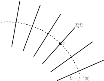 Fig. 1. Integration over the ﬁbres: integration against the constrained phase space Liouville measure can be decomposed into an integration along the cotangent space ﬁbre for each q , then multiplication by a q -dependent angle correction term, ﬁnally foll