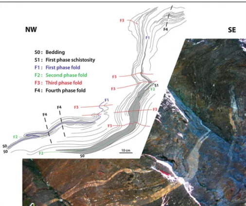 Fig. 11 Small-scale example of the superimposition of four phases of deformation in the Vanis formation NE of Campo (683.63/142.07)