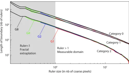 Fig. 3 Length of the boundary of each category measured with rulers of varying size with repeated appli- appli-cation of a refinement factor 2 (length unit: one coarse pixel)