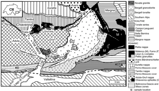 Fig. 3 Tectonic map with the area of the Chiavenna unit, Central Alps, and surrounding tectonic units, showing the locations of the samples dated (map from Schmid et al