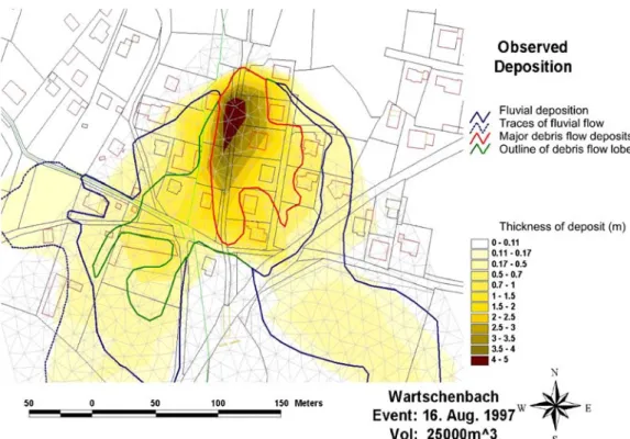 Figure 4. Observed deposition depth for the Wartschenbach debris-flow event of 16 August 1997