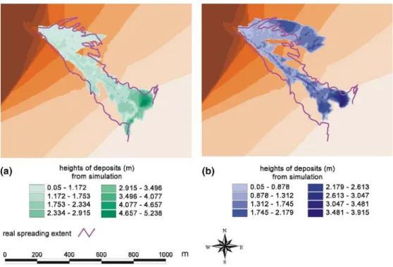 Figure 1. Simulated deposition depths of the Varunasch debris-flow event with the HB model