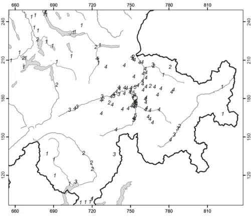 fig. 4.  macroseismic intensities (ems98) for the  M L  4.0 event near Paspels (Gr). the swiss  carte-sian coordinates are labeled in km.