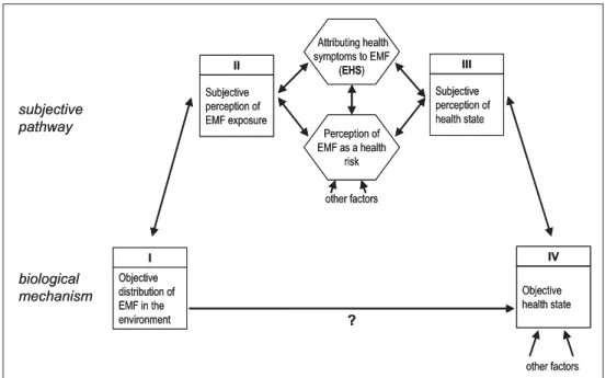 Figure 1  Electromagnetic hyper- hyper-sensitivity (EHS) model:  Associa-tions between objective and  perceived (subjective) exposure  and health