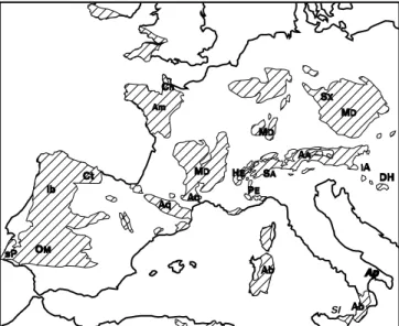 Fig. 1 Distribution of Pre-Mesozoic (Variscan and/or older) units in Europe (Zwart and Dornsiepen 1978) with indication of distinct microcontinents (see Fig.7)