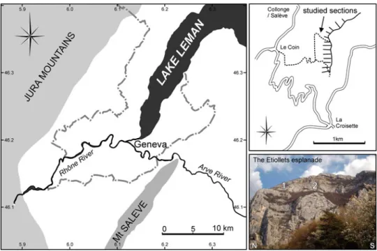 Fig. 3 Location of the case study in the Mount Sale`ve (46.1°N/6.1°E). The two outcrops are part of the Kimmeridgian formation of the Tidalites de Vouglans (Grande Oolithe Member)
