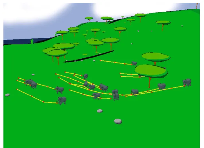 Fig. 8. About twenty elephants acting proactively at the same time. The yellow lines visualize their best current plan