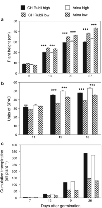Fig. 2 Plant height (a), units of SPAD as an indicator for the chlorophyll content (b), and cumulative transpiration (c) for winter wheat Arina and spring wheat CH Rubli exposed to two different light intensities (high = 380 lmol photons m -2 s -1 and low 