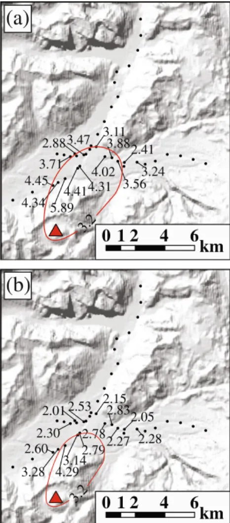 Fig. 7 Isopleth maps (cm) of Layer β compiled for a the average of the geometric mean of the three orthogonal axes of the 5 largest lithic clasts (3/5 average technique); b the geometric mean of the three orthogonal axes of the 50th percentile of the 20 la