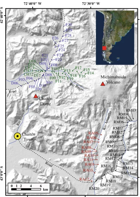 Fig. 1 Map of the area around Chaitén volcano showing the four traverses in the  southeast-ern sector (black and orange points) and on the northern sector (green and blue points).
