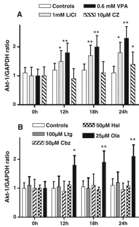 Fig. 5 Time course of Akt-1 mRNA expression in SH-SY5Y cells grown in LSC medium supplemented with mood stabilizers at their respective optimal doses