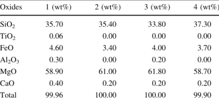 Table 3 Chemical composition for the different positions situated between two olivine grains (for the point 1) and then towards the centre of one olivine grain (for the points 2, 3, and 4) (see Fig