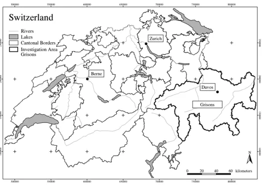 Figure 1. Location of the investigation area. The canton of Grisons, situated in the south east of Switzerland, is the largest canton of the country