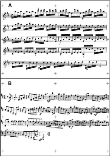 Fig. 1 a Telemann, b Corelli: the two scores to be played by the participants; the light gray crosses were used to calibrate the eye tracker