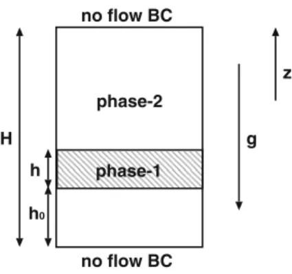 Fig. 1 Geometry and initial distribution of phases in the 1D test case phase-2 z phase-1 no flow BC no flow BCHhh0 g
