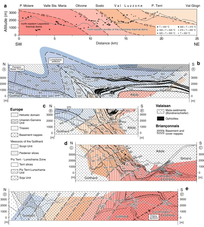 Fig. 8 Temperature-altitude cross-sections through the northeastern rim of the Lepontine thermal dome and easterly adjacent areas