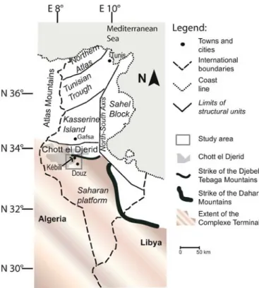 Fig. 1 Location of the project area in southern Tunisia (modiﬁed after Swezey 1996). The square box delineates the ﬂow and transport model domain
