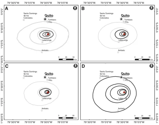 Fig. 7 Hazard maps showing the probability of reaching a given mass accumulation (a–c) and isomass map for a given probability threshold (d)