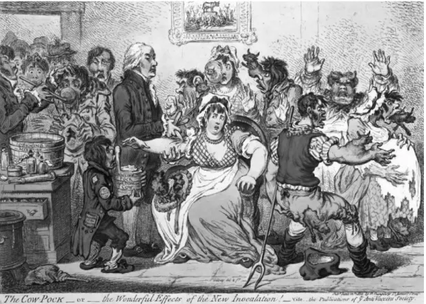 Fig. 1 Hand-kolorierte Zeichnung von James Gillray (1802); publiziert von der britischen Anti-Impf Gesellschaft als Satire über Edward Jenner und ”the Wonderful Effects of the New Inoculation“.