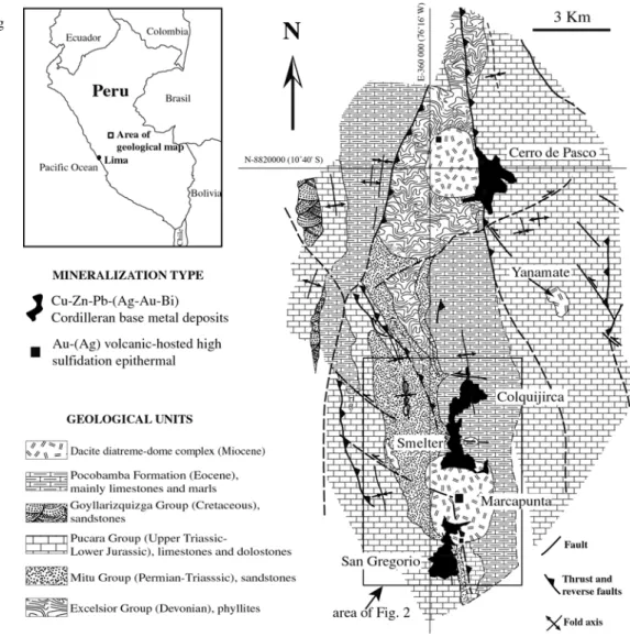 Fig. 1 General geology and main mineralization types along the Miocene metallogenic belt at Cerro de Pasco and Colquijirca districts
